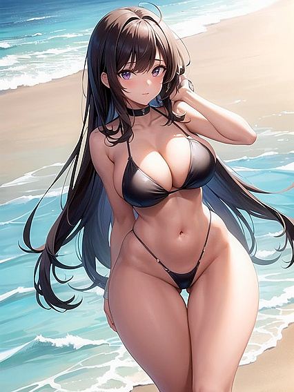 Playful Thong Bikini Fun in Shallow Waves at Sunset Over the Ocean Hentai