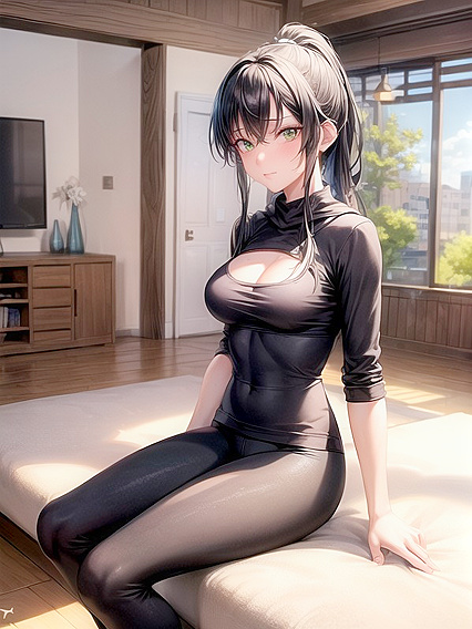 Blushingly Mischievous Black-Haired Cutie with Bare Feet in Seductive Hentai AI Image