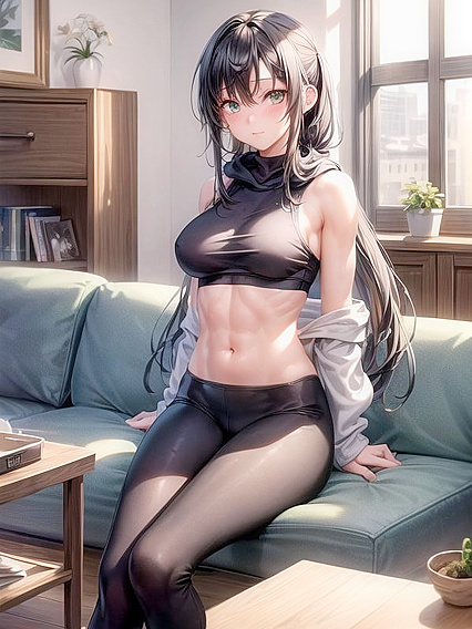 Mischievously Blushing in Leggings - Seductive Sitting Image in Hentai AI Porn