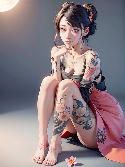 Sitting on the Floor - Full Body View of Hand-on-Vagina Clit Stroking Hentai AI Image