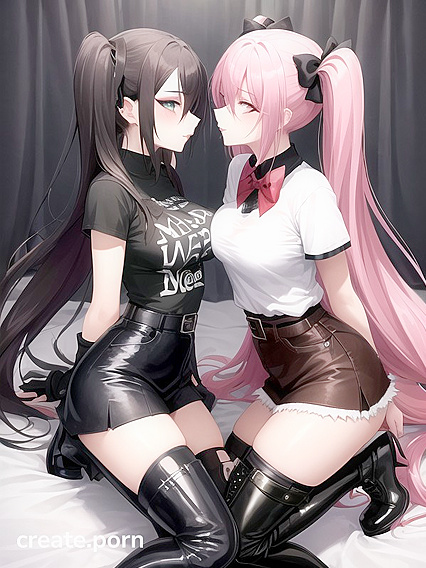 GothGirl 18+s with Pigtails and Bows Kissing in Thigh-High Boots on the Bed