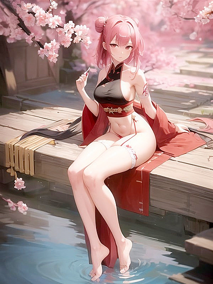 Cherry Blossom Hanfu with Floral Tattoos - Full Body Hentai Seduction
