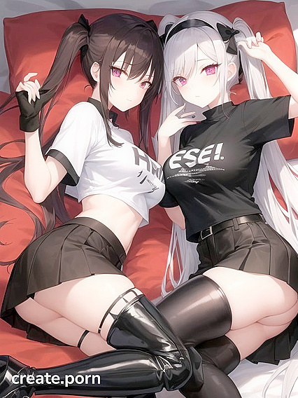 Goth Girl 18+s in Torn Clothes Kissing and Playing on the Bed with Thigh-High Boots and Pigtails