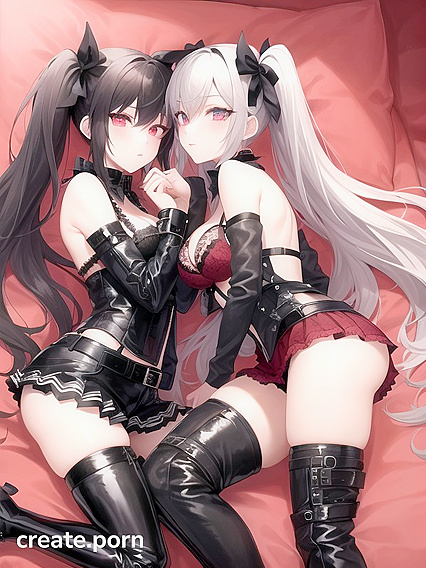 Goth Lesbians in Thigh-High Boots and Pigtails Kneel on Bed for Intense Hentai AI Image