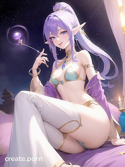 Astral Elf with Blue-Purple Hair Teases in Harem Pants and Genie’s Lamp Covered in Cum