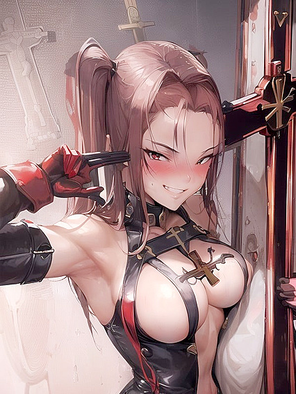 Gloved Hands Pleasure Her in Crucifix Bondage hentai