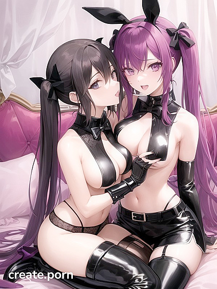 Goth Girl 18+s with Pink and Purple Pigtails Making Out Topless in High Leather Boots on the Bed