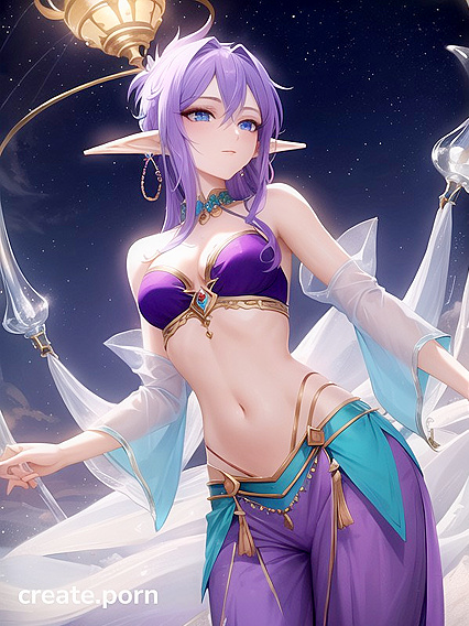 Astral Elf with Blue-Purple Hair Wears Harem Pants and Tiny 18+ Top in Watery Genie’s Lamp Hentai