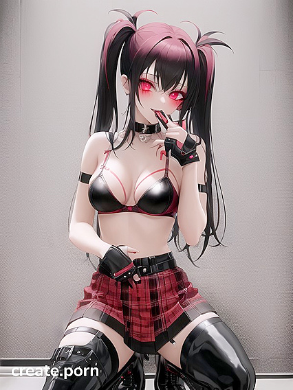 Cute Gothic Chick with Neon Red Pigtails Teases in Tattered Clothes and Thigh-High Boots