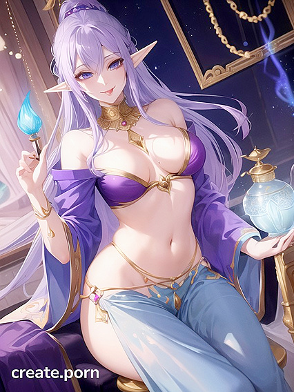 Astral Elf with Blue-Purple Hair in Harem Pants Teases with Tongue Out Over cum-Covered