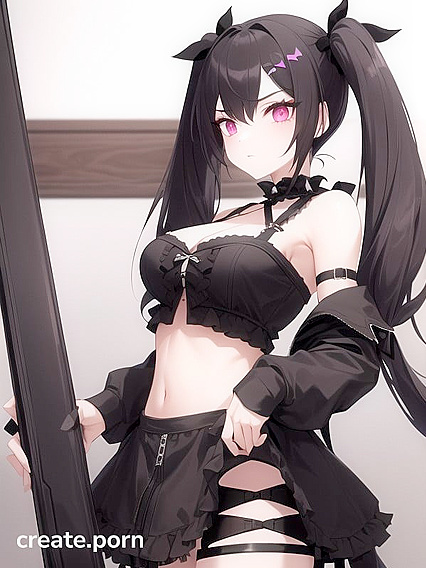 Goth Girl 18+ in Short Dress with Low-V Cut Top and Twin-Tail Bows Seduces in Hentai AI Image