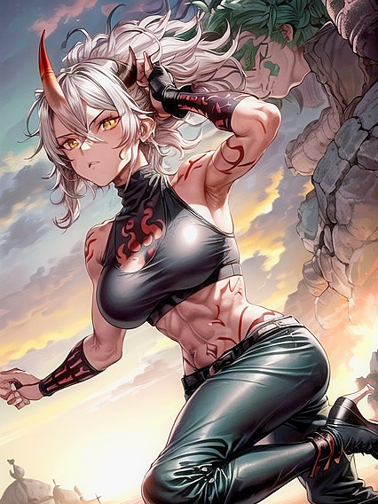 SlimFit Babe with Soft Red Skin and Black Rune Tattoos inSPORTY Hentai AI Image