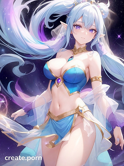 Astral Elf with Purple Twin-Tails Wears Galaxy-Themed Outfit for Seductive Genie Lamp Hentai AI Image