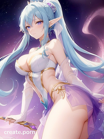 Astral Elf with Purple Twintails Wears Galaxy Theme Outfit in Genie Lamp Hentai AI Image