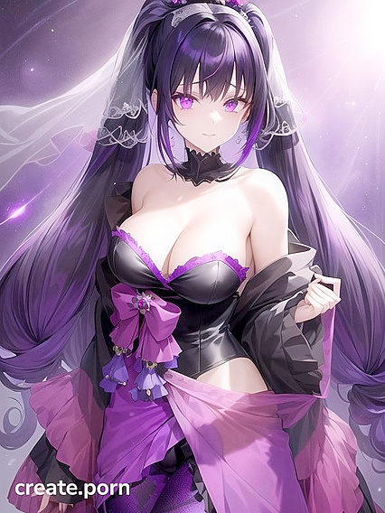 Goth twin-tailed Girl 18+ with glowing purple eyes in black lace bandeau and sheer cloth
