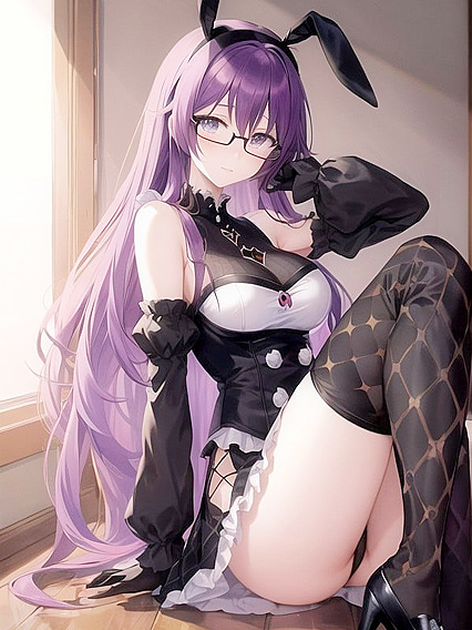 K with Round Glasses and Purple Hair Takes Pleasure in Seductive Hentai AI Image