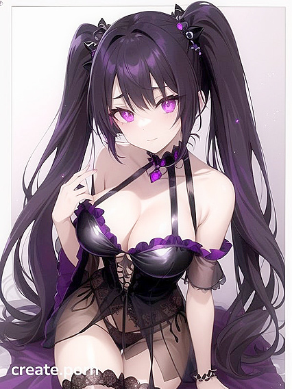 Goth Girl 18+ with Twin-Tails and Crystal Horns in Sheer Bandeau and Black Lace Panties