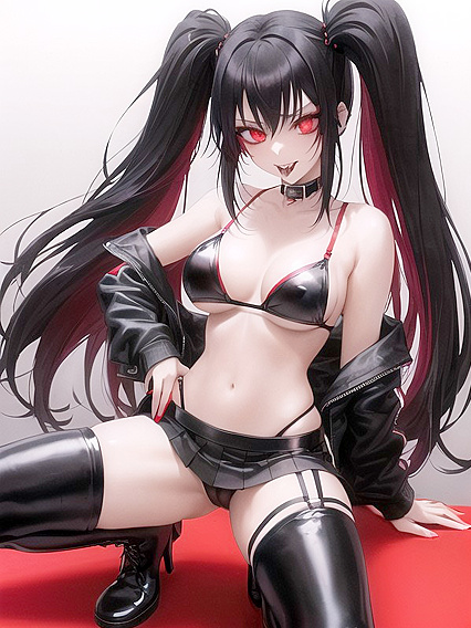 Cute Gothic Girl 18+ with Neon Red Pigtails Teasing in Thigh-High Boots and Tattered Clothes