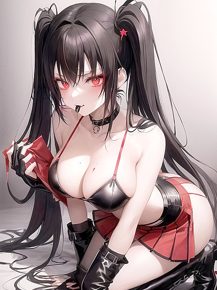 Cute Gothic Girl 18+ with Neon Red and Black Pigtails Licks Fingers in Thigh-High Boots