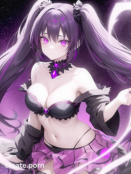 Goth Girl 18+ with Twin-Tails and Crystal Horns in Sheer Bandeau Amidst Galaxy Background