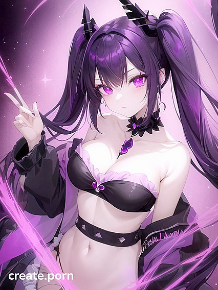 Goth Girl 18+ with Twin-Tails and Crystal Horns in Sheer bandeau Amidst Galaxy Background