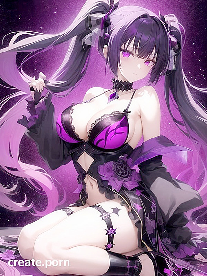 Goth Girl 18+ with Crystal Horns and Twintails Shines in Galactic Black Lace Seduction