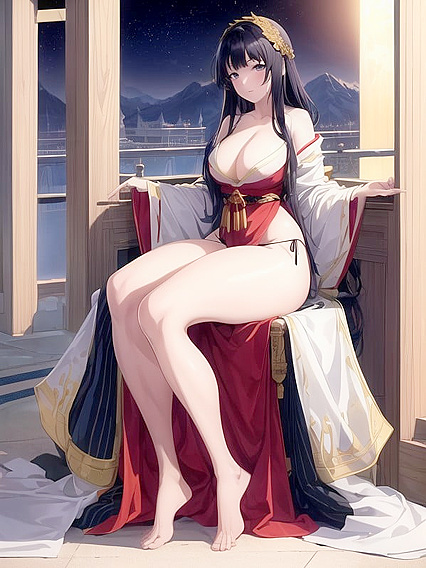 Shrine Maiden in High-Slit Robe Shows Off Her Curves in Full Body Hentai AI Image