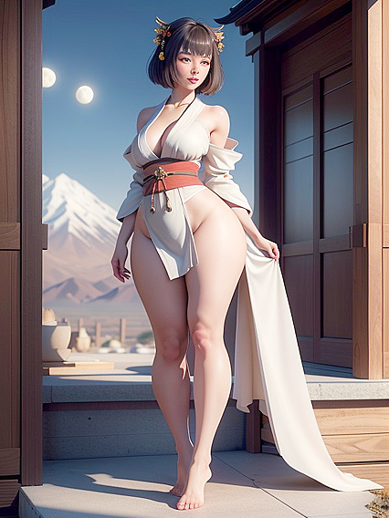 Full Body View of Small Boobs Against a Majestic Mountain and Moonlit Sky in Hentai