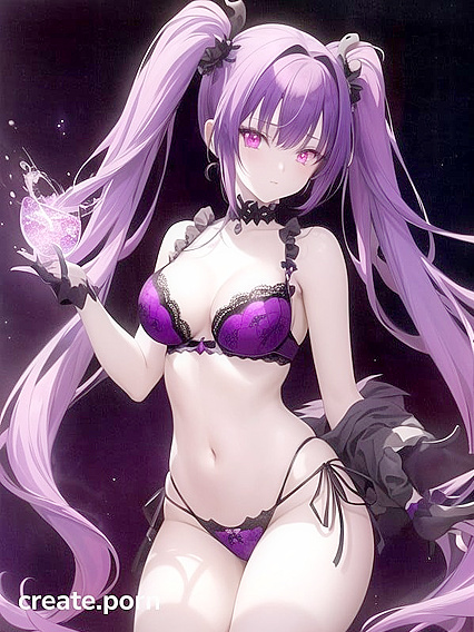 Goth Girl 18+ with Twin-Tails and Crystal Horns Seduces in Lace Lingerie Amidst Galactic Backdrop