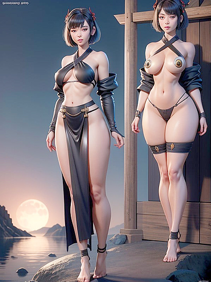 Shrine Maiden Ninja in High-Slit Robe Teases in Seductive Hentai AI Image