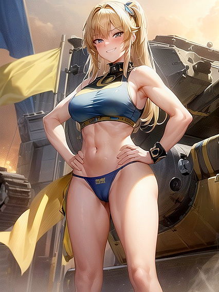 Blue and Yellow Flag Waved in Army Tank Hentai AI Image