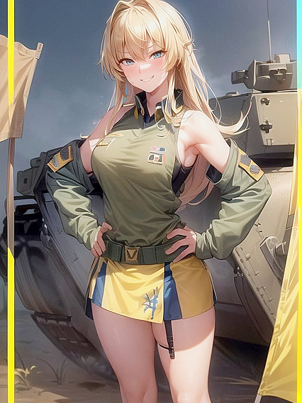 Blue and Yellow Flag Wave as Army Tanks Roll In for Steamy Hentai AI Image