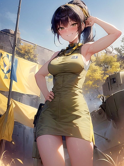 Blue and Yellow Flag Wave as Army Tanks Roll In for Hot Hentai AI Image