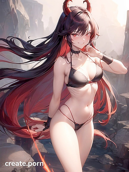 Seductive Devil with Long Black Red Hair in Erotic Hentai AI Image