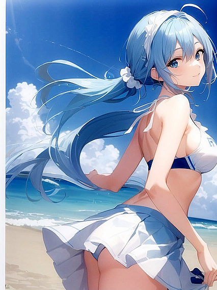Aquatic Blue-Haired Beauty with Short Ponytail Enjoying Summer Hentai Pleasures