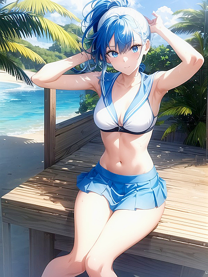 Beach Babe with Aquatic Blue Hair Waves Seductively Amidst Umbrellas in Hentai Bliss