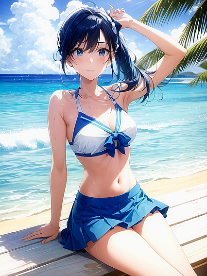 Sailor-Themed Bikini Babe Waves Her Hair in the Summer Sun for Steamy Hentai Pleasure