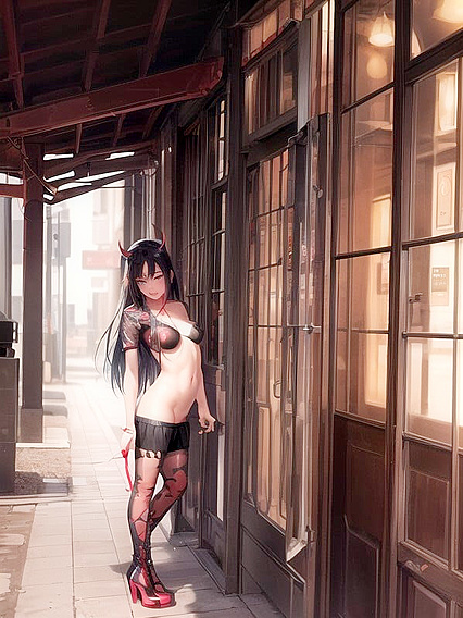 Cute Gothic Girl 18+ in Neon Red and Black Pigtails Teased in Thigh-High Boots and Devil Horns