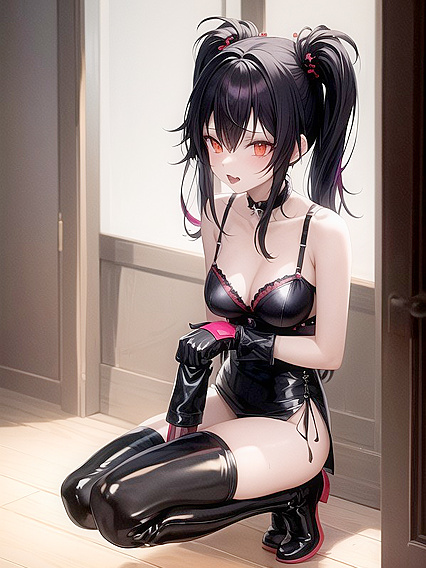 Cute Gothic Girl 18+ with Neon Red Pigtails Licks Fingers in Tattered Outfit and Thigh-High Boots