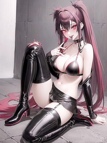 Cute Goth Chick with Neon Red Pigtails Licks Fingers While Kneeling in Thigh-High Boots