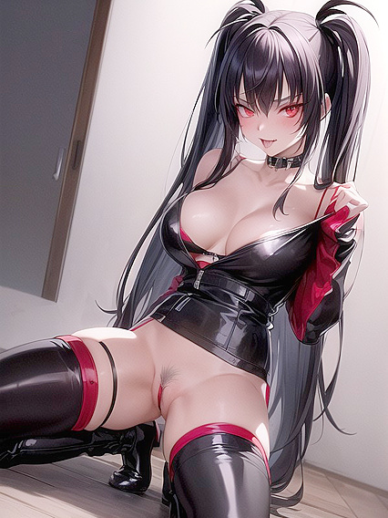 Cute Gothic Girl 18+ with Neon Red Pigtails Teasing in Thigh-High Boots and Devil Horns