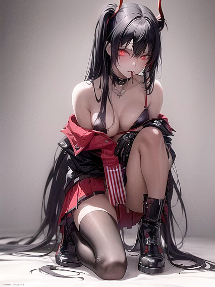 Cute Gothic Girl 18+ with Neon Red Pigtails Teased in Shredded-Outfit Licking Fingers Devilishly