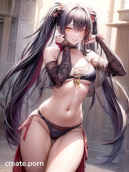 Seductive Woman with Long Black Hair and Heterochromia in Steaming Hentai AI Image