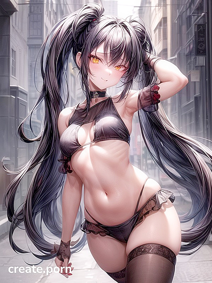 One Yellow-Eyed Beauty with Tongue-Out and Luscious Black Hair in Seductive Hentai AI Image