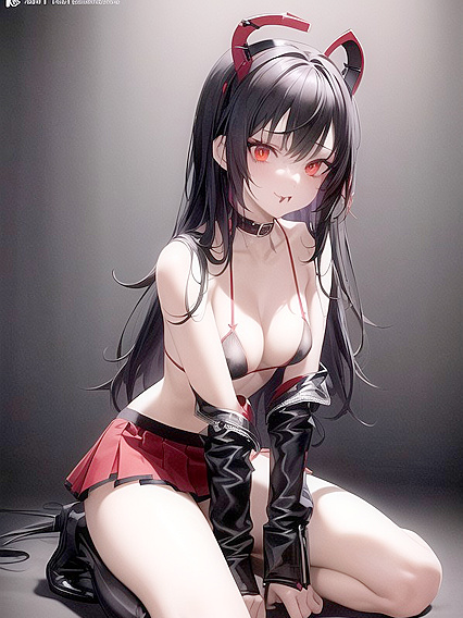 Cute Goth Girl 18+ with Neon Red and Black Pigtails Teasing in Thigh-High Boots and Devil Horns