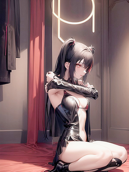 Cute Gothic Chick with Neon Red Pigtails Teasing in Thigh-High Boots and Devil Horns