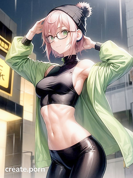 Green-Clothed Babe with Big Round Glasses Enjoys Hardcore Hentai AI Image