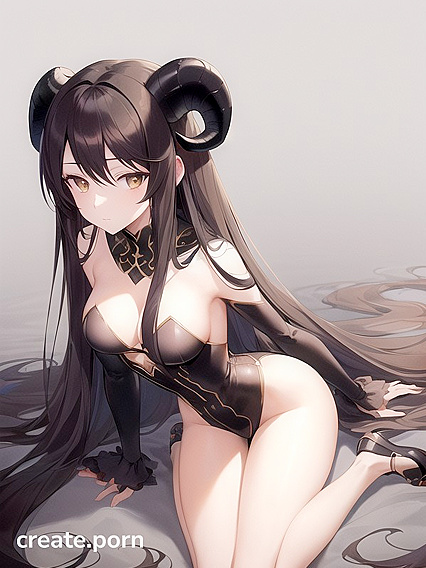 Black Sheep Horns and Medium Black Wings at the Waist in Steamy Hentai AI Image
