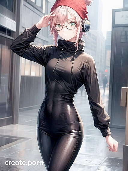 Big-Chested Girl 18+ in Green Outfit and Round Glasses Takes Off Her Huge Jacket for Horny Hentai AI Image