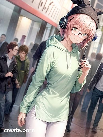 Freckled Girl 18+ with Big Round Glasses Wears Green for Seductive Hentai AI Image